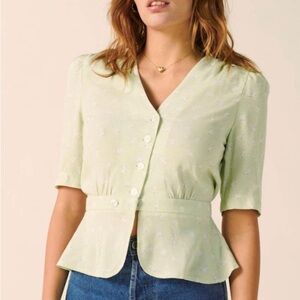 Rouje Light Pastel Green Floral Carlota Blouse Short Puff Sleeve Size FR38 US6